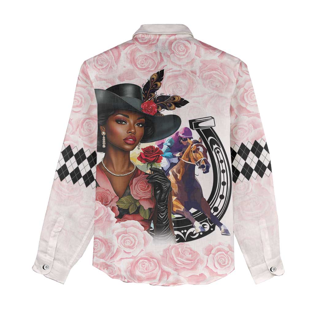Kentucky Horse Racing Women Casual Shirt Black Derby Lady Pink Roses