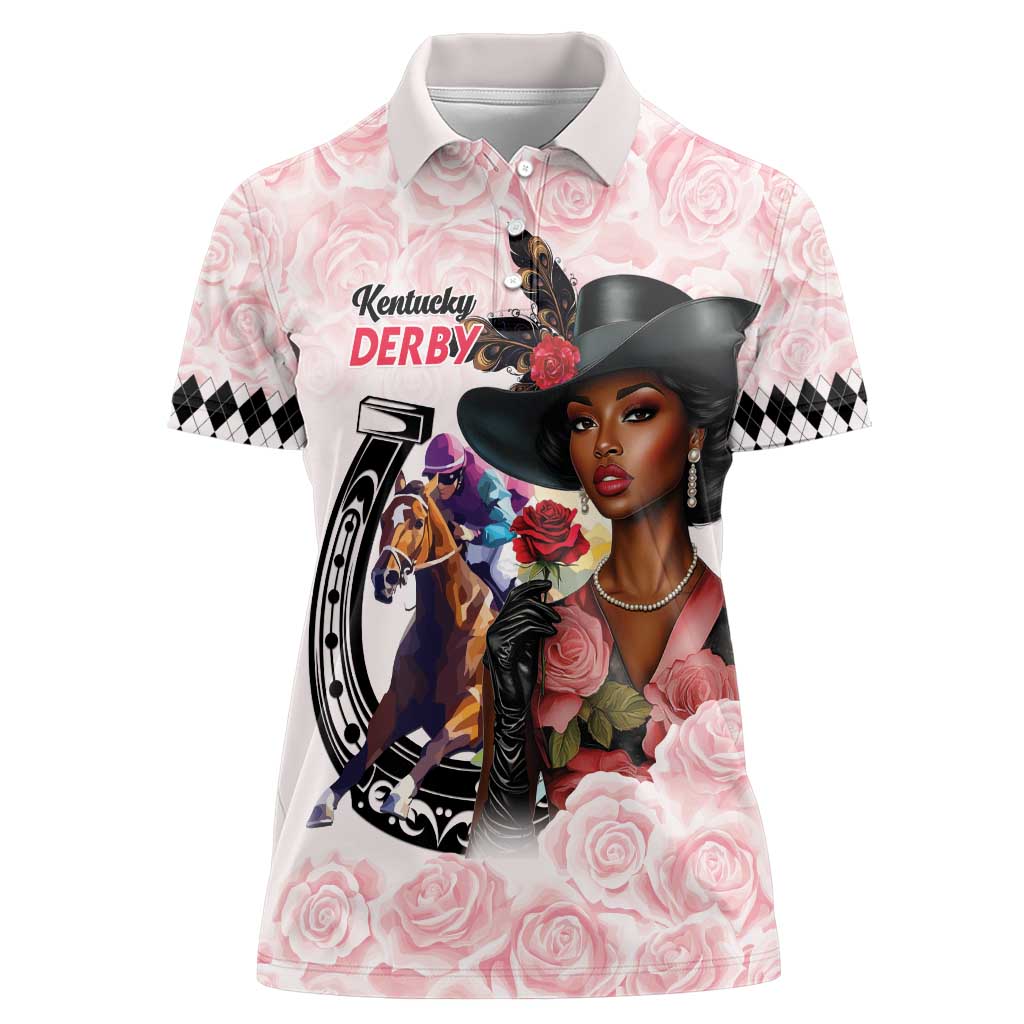 Kentucky Horse Racing Women Polo Shirt Black Derby Lady Pink Roses