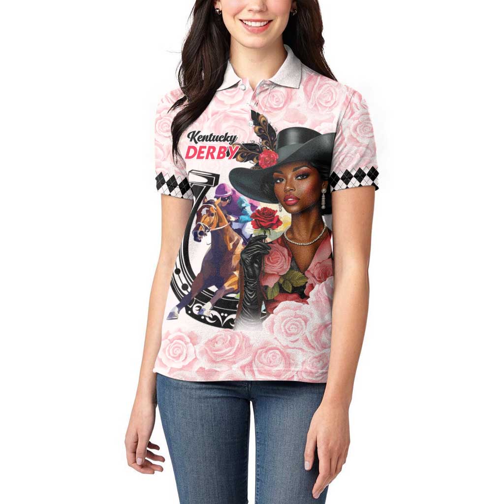 Kentucky Horse Racing Women Polo Shirt Black Derby Lady Pink Roses