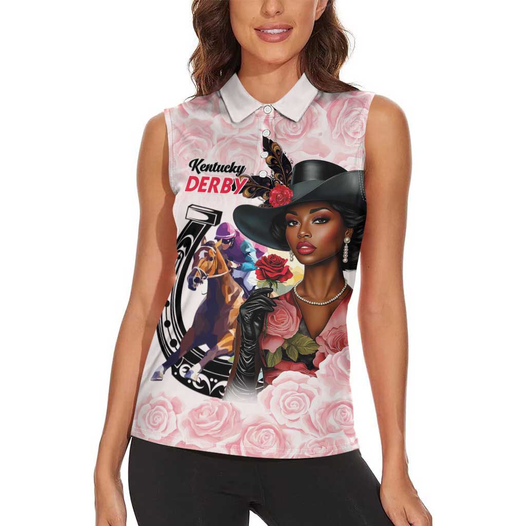 Kentucky Horse Racing Women Sleeveless Polo Shirt Black Derby Lady Pink Roses