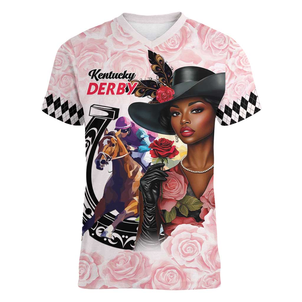Kentucky Horse Racing Women V-Neck T-Shirt Black Derby Lady Pink Roses