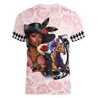 Kentucky Horse Racing Women V-Neck T-Shirt Black Derby Lady Pink Roses