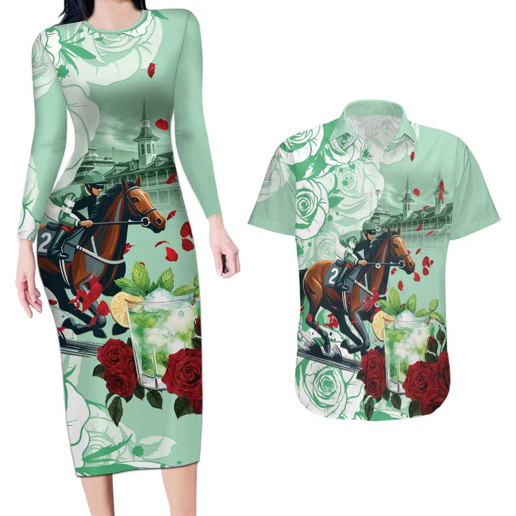 Kentucky Horse Racing Couples Matching Long Sleeve Bodycon Dress and Hawaiian Shirt Churchill Downs Derby Mint Julep Cocktail