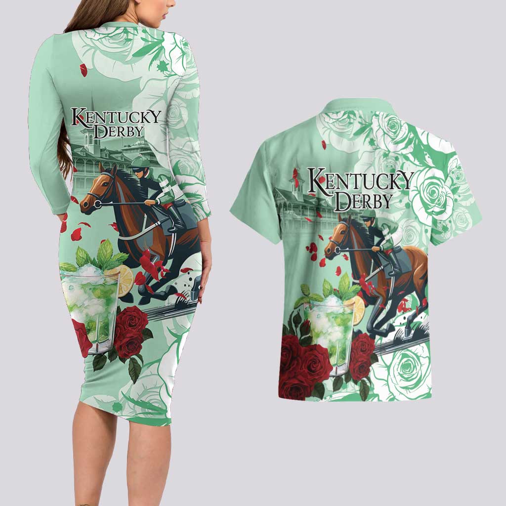 Kentucky Horse Racing Couples Matching Long Sleeve Bodycon Dress and Hawaiian Shirt Churchill Downs Derby Mint Julep Cocktail
