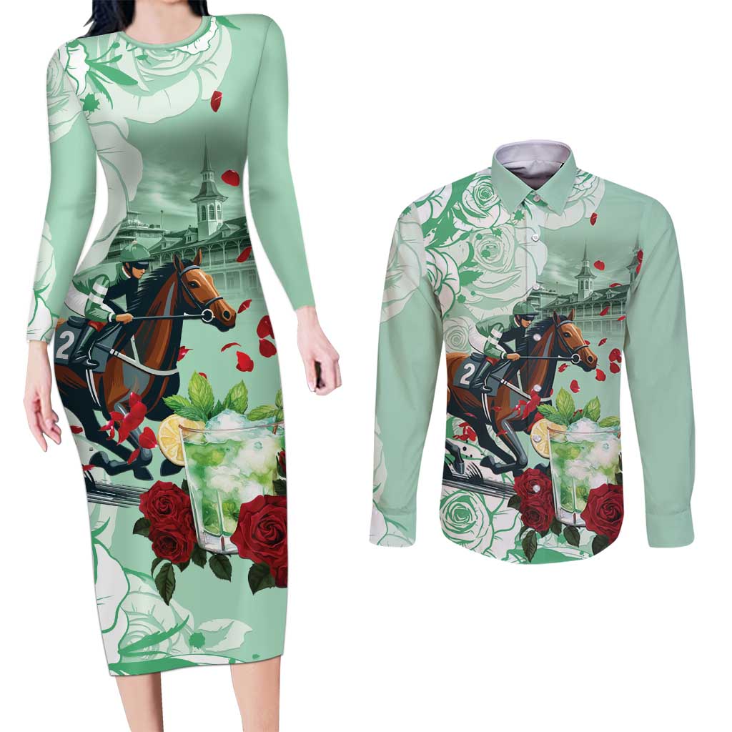 Kentucky Horse Racing Couples Matching Long Sleeve Bodycon Dress and Long Sleeve Button Shirt Churchill Downs Derby Mint Julep Cocktail