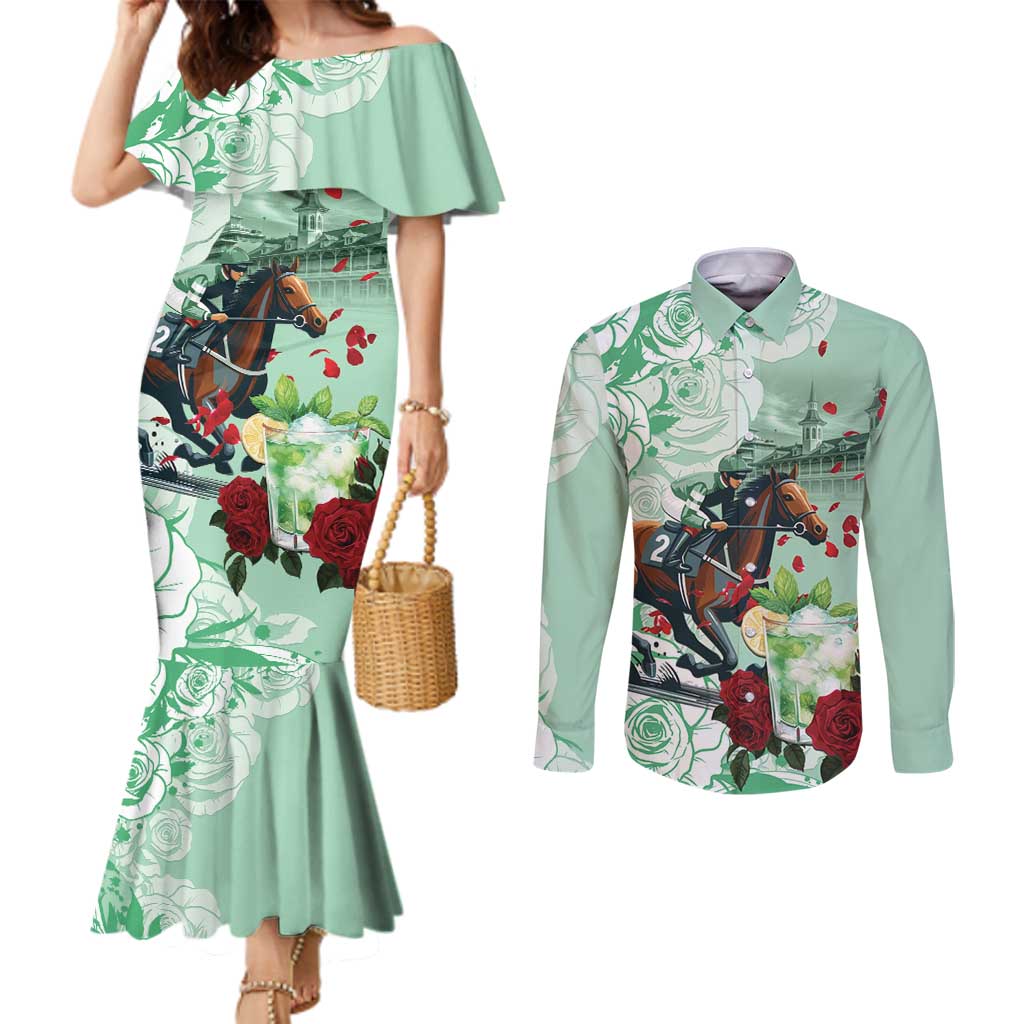 Kentucky Horse Racing Couples Matching Mermaid Dress and Long Sleeve Button Shirt Churchill Downs Derby Mint Julep Cocktail