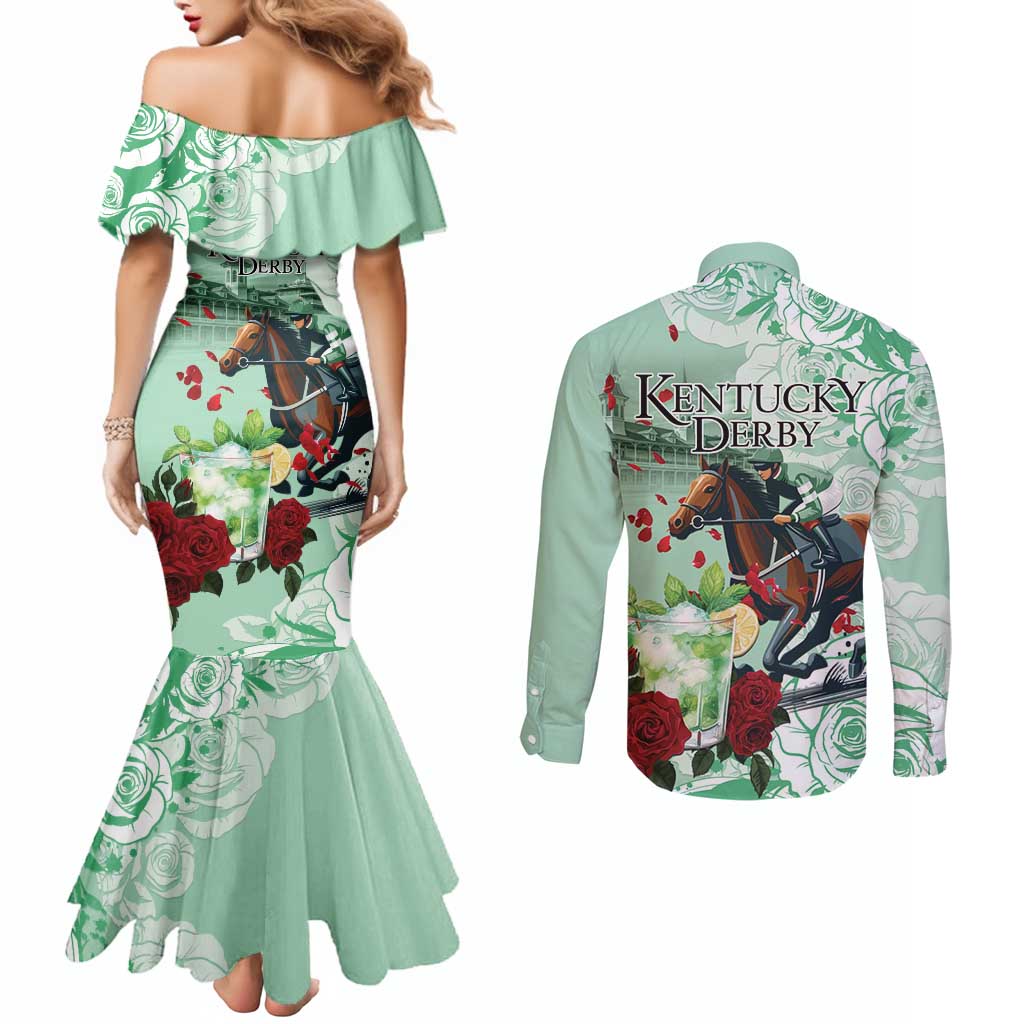Kentucky Horse Racing Couples Matching Mermaid Dress and Long Sleeve Button Shirt Churchill Downs Derby Mint Julep Cocktail