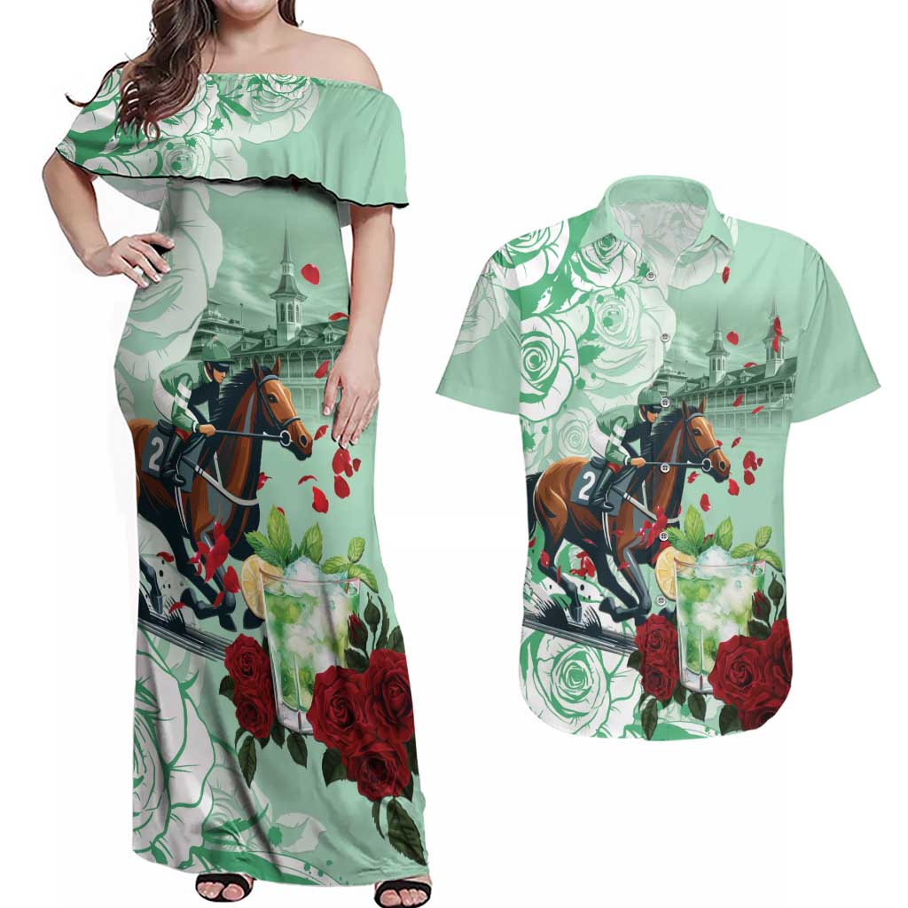 Kentucky Horse Racing Couples Matching Off Shoulder Maxi Dress and Hawaiian Shirt Churchill Downs Derby Mint Julep Cocktail