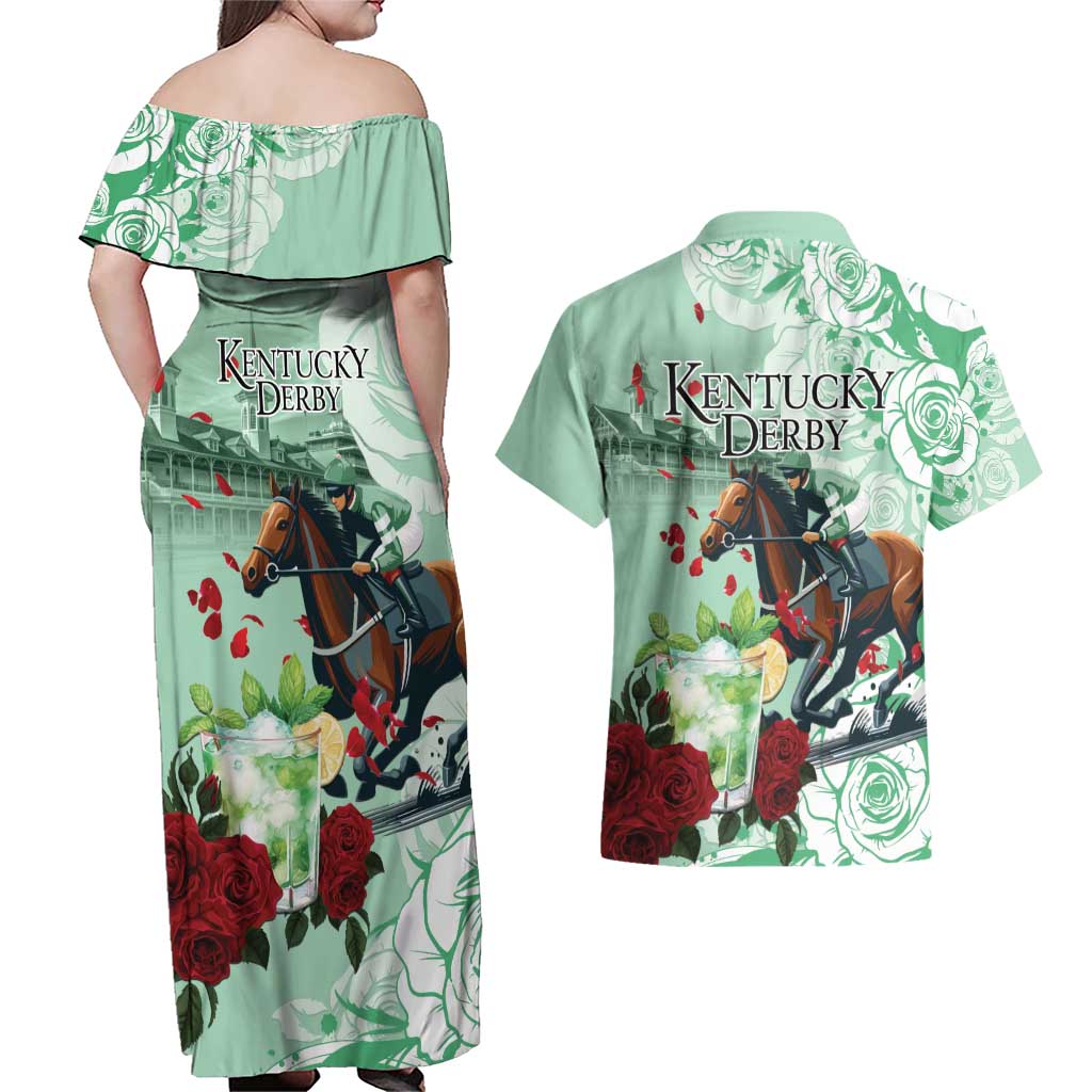 Kentucky Horse Racing Couples Matching Off Shoulder Maxi Dress and Hawaiian Shirt Churchill Downs Derby Mint Julep Cocktail
