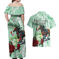 Kentucky Horse Racing Couples Matching Off Shoulder Maxi Dress and Hawaiian Shirt Churchill Downs Derby Mint Julep Cocktail
