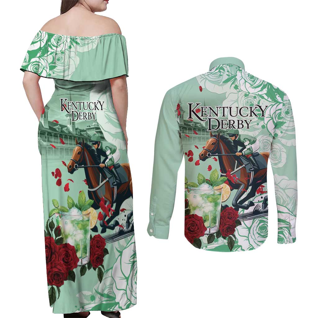 Kentucky Horse Racing Couples Matching Off Shoulder Maxi Dress and Long Sleeve Button Shirt Churchill Downs Derby Mint Julep Cocktail