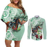 Kentucky Horse Racing Couples Matching Off Shoulder Short Dress and Long Sleeve Button Shirt Churchill Downs Derby Mint Julep Cocktail