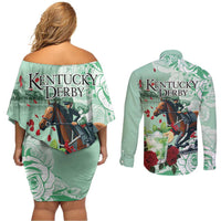 Kentucky Horse Racing Couples Matching Off Shoulder Short Dress and Long Sleeve Button Shirt Churchill Downs Derby Mint Julep Cocktail