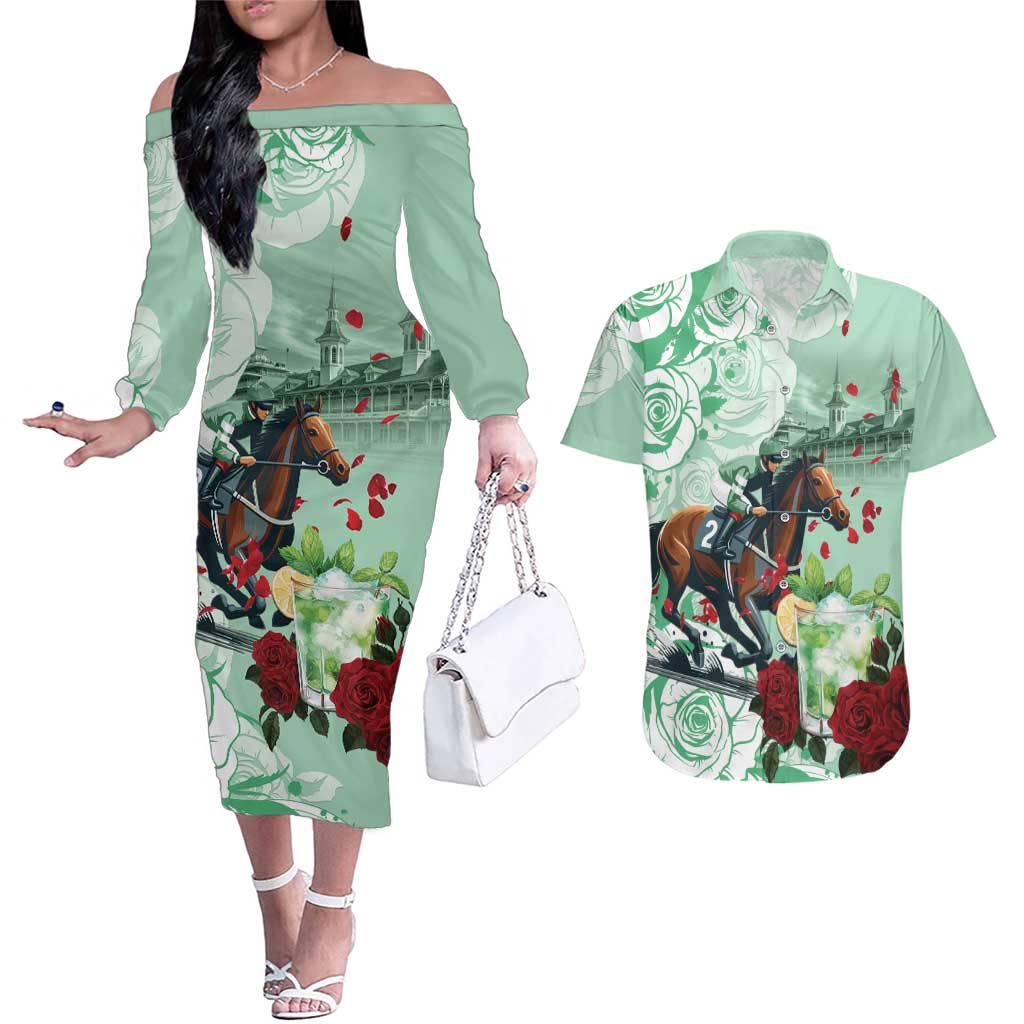 Kentucky Horse Racing Couples Matching Off The Shoulder Long Sleeve Dress and Hawaiian Shirt Churchill Downs Derby Mint Julep Cocktail