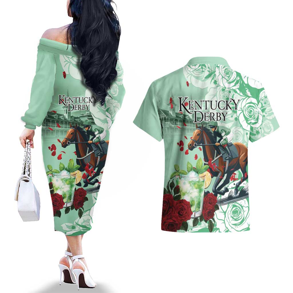 Kentucky Horse Racing Couples Matching Off The Shoulder Long Sleeve Dress and Hawaiian Shirt Churchill Downs Derby Mint Julep Cocktail