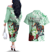 Kentucky Horse Racing Couples Matching Off The Shoulder Long Sleeve Dress and Hawaiian Shirt Churchill Downs Derby Mint Julep Cocktail
