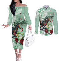 Kentucky Horse Racing Couples Matching Off The Shoulder Long Sleeve Dress and Long Sleeve Button Shirt Churchill Downs Derby Mint Julep Cocktail