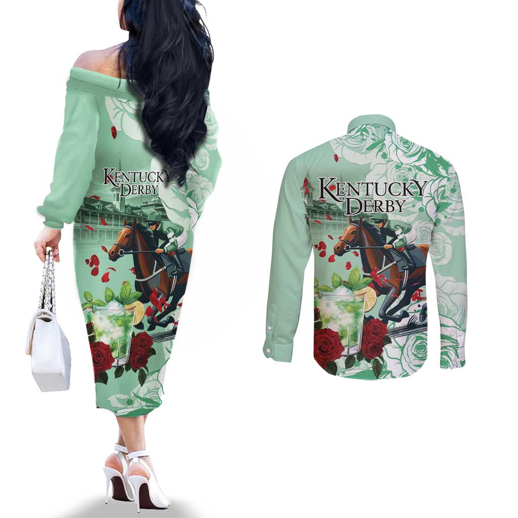 Kentucky Horse Racing Couples Matching Off The Shoulder Long Sleeve Dress and Long Sleeve Button Shirt Churchill Downs Derby Mint Julep Cocktail