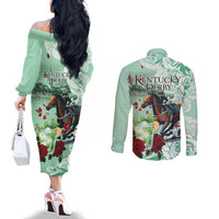 Kentucky Horse Racing Couples Matching Off The Shoulder Long Sleeve Dress and Long Sleeve Button Shirt Churchill Downs Derby Mint Julep Cocktail
