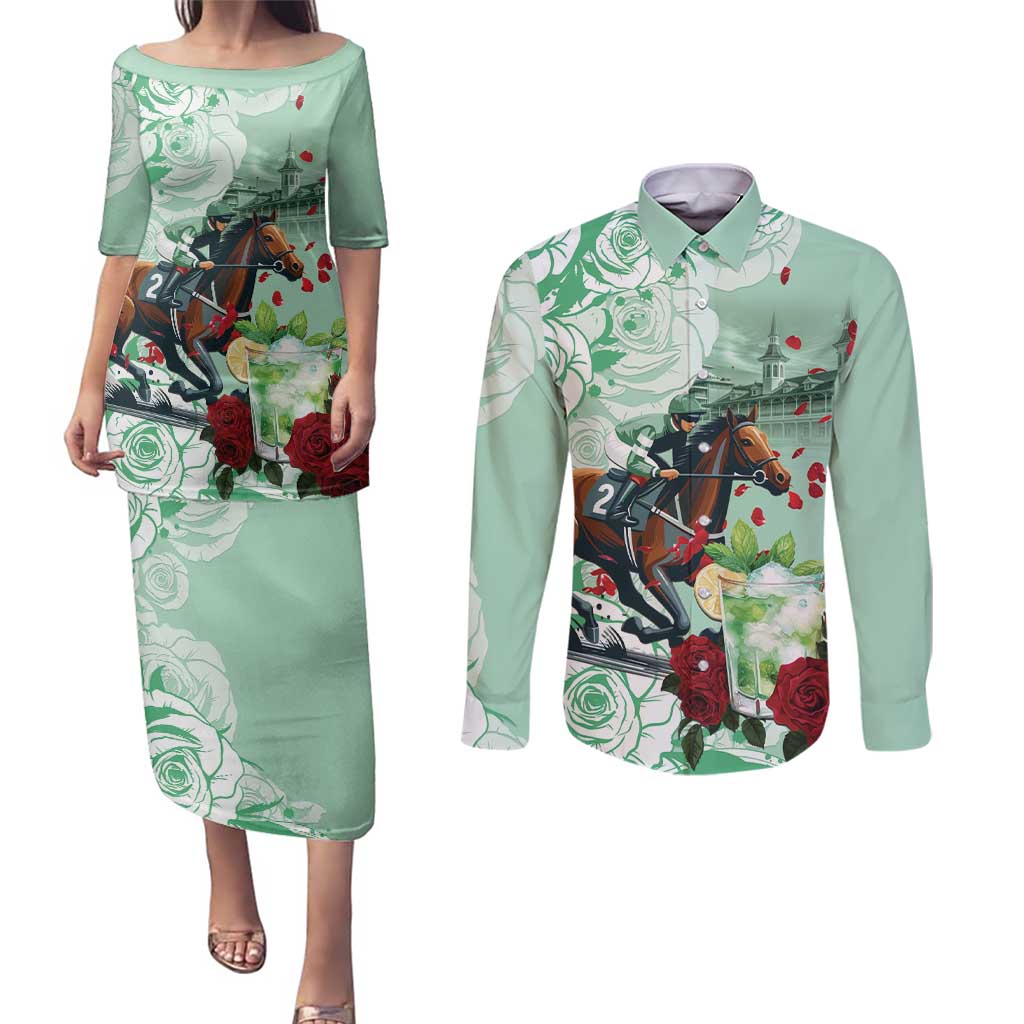 Kentucky Horse Racing Couples Matching Puletasi and Long Sleeve Button Shirt Churchill Downs Derby Mint Julep Cocktail