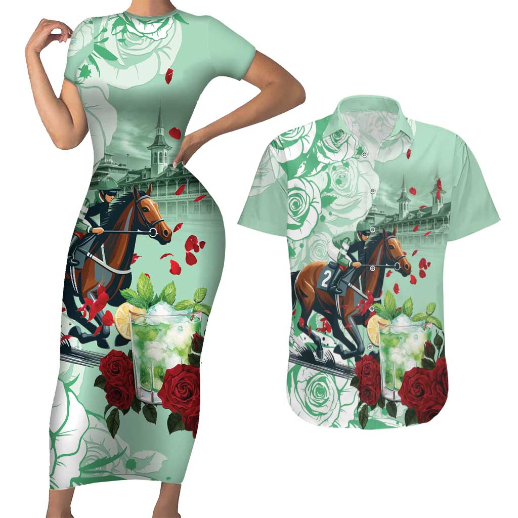 Kentucky Horse Racing Couples Matching Short Sleeve Bodycon Dress and Hawaiian Shirt Churchill Downs Derby Mint Julep Cocktail