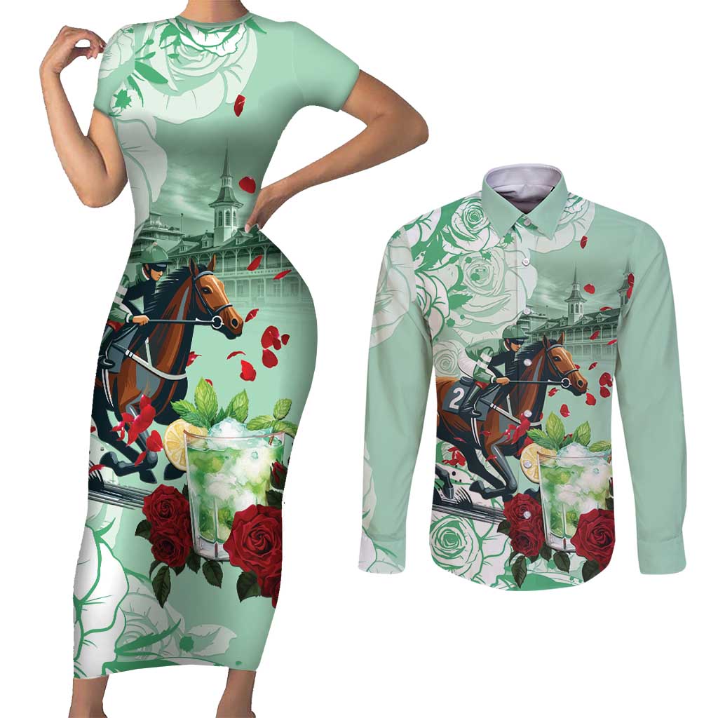 Kentucky Horse Racing Couples Matching Short Sleeve Bodycon Dress and Long Sleeve Button Shirt Churchill Downs Derby Mint Julep Cocktail