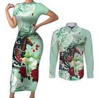 Kentucky Horse Racing Couples Matching Short Sleeve Bodycon Dress and Long Sleeve Button Shirt Churchill Downs Derby Mint Julep Cocktail