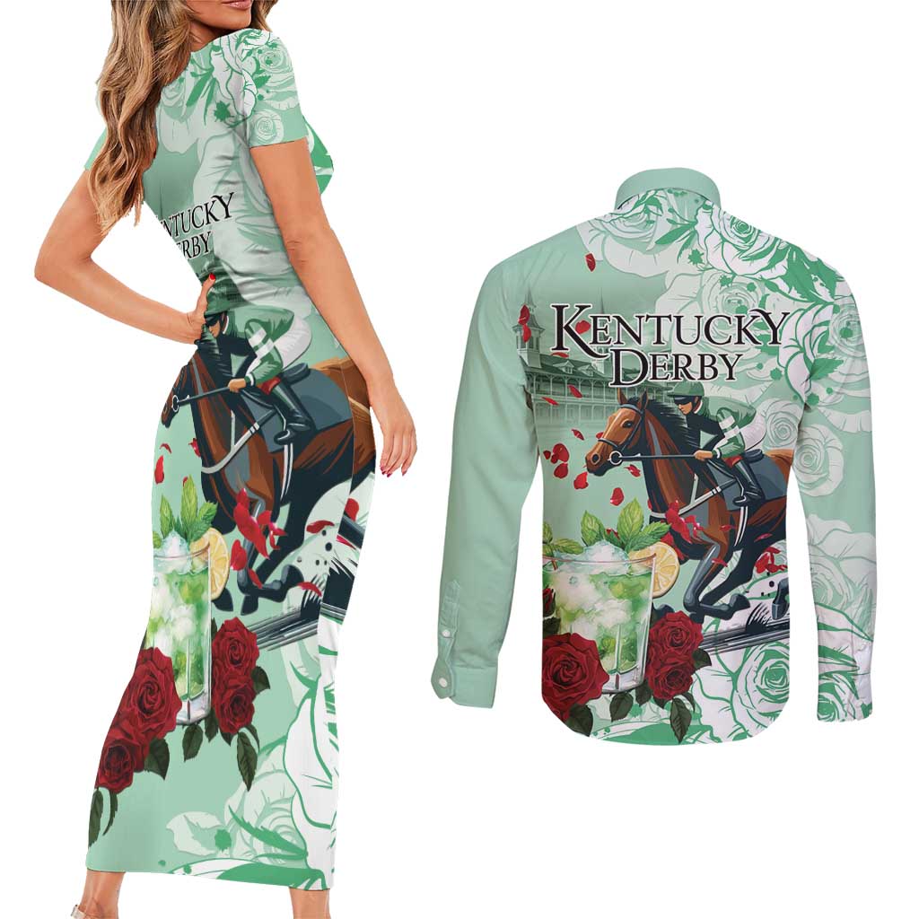 Kentucky Horse Racing Couples Matching Short Sleeve Bodycon Dress and Long Sleeve Button Shirt Churchill Downs Derby Mint Julep Cocktail