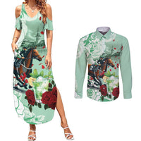 Kentucky Horse Racing Couples Matching Summer Maxi Dress and Long Sleeve Button Shirt Churchill Downs Derby Mint Julep Cocktail