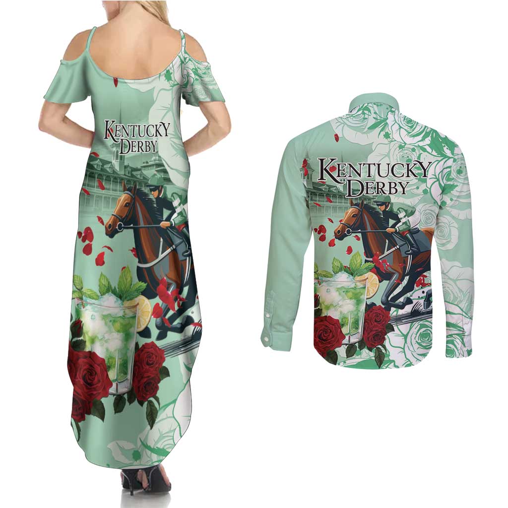 Kentucky Horse Racing Couples Matching Summer Maxi Dress and Long Sleeve Button Shirt Churchill Downs Derby Mint Julep Cocktail