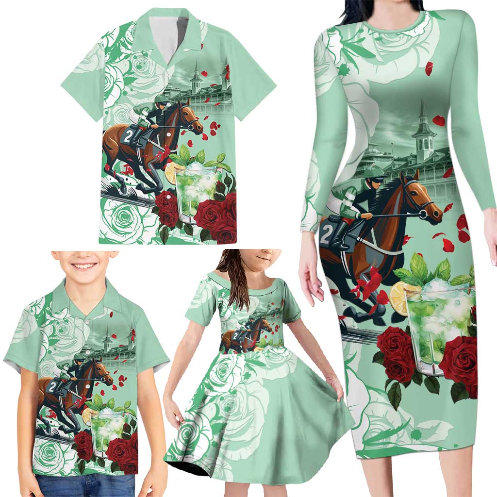 Kentucky Horse Racing Family Matching Long Sleeve Bodycon Dress and Hawaiian Shirt Churchill Downs Derby Mint Julep Cocktail