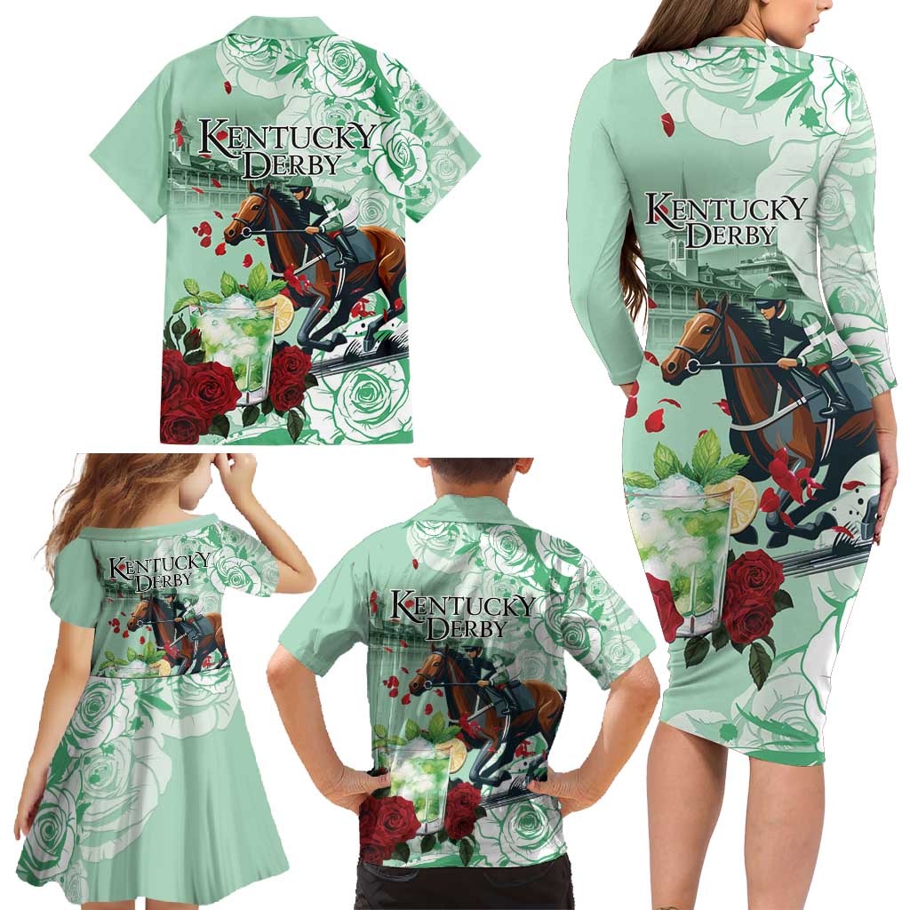 Kentucky Horse Racing Family Matching Long Sleeve Bodycon Dress and Hawaiian Shirt Churchill Downs Derby Mint Julep Cocktail