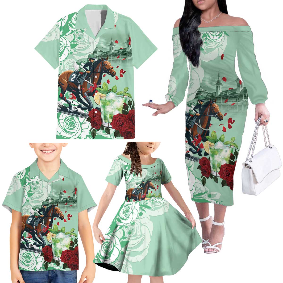 Kentucky Horse Racing Family Matching Off The Shoulder Long Sleeve Dress and Hawaiian Shirt Churchill Downs Derby Mint Julep Cocktail
