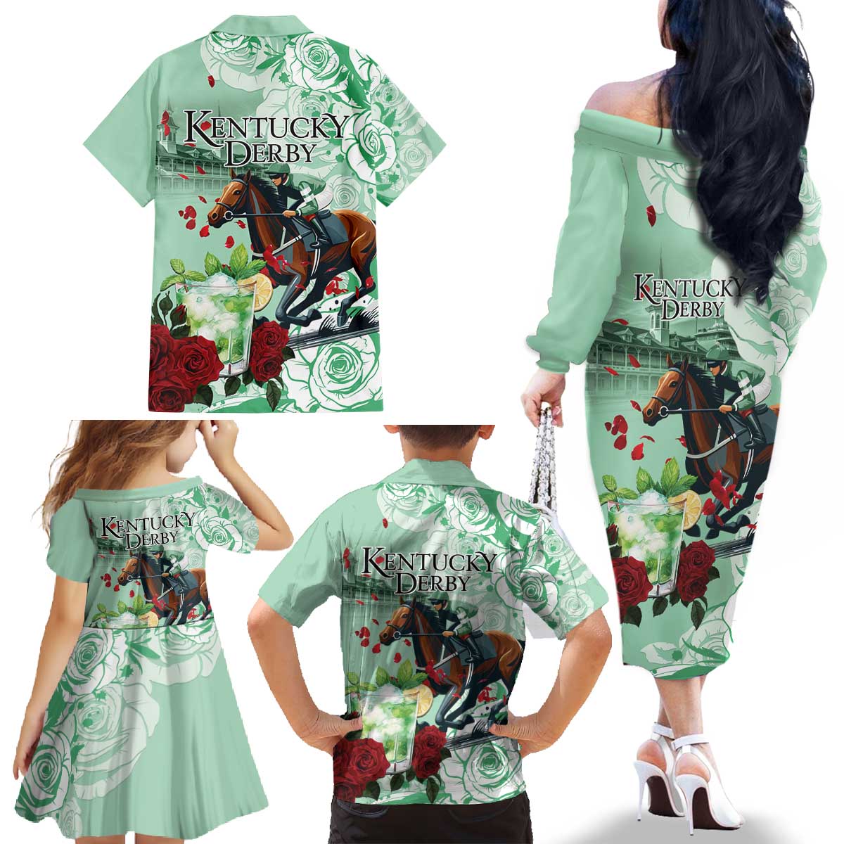 Kentucky Horse Racing Family Matching Off The Shoulder Long Sleeve Dress and Hawaiian Shirt Churchill Downs Derby Mint Julep Cocktail