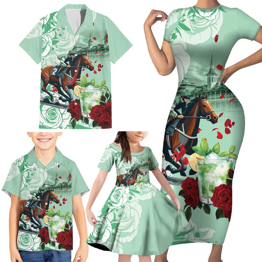 Kentucky Horse Racing Family Matching Short Sleeve Bodycon Dress and Hawaiian Shirt Churchill Downs Derby Mint Julep Cocktail