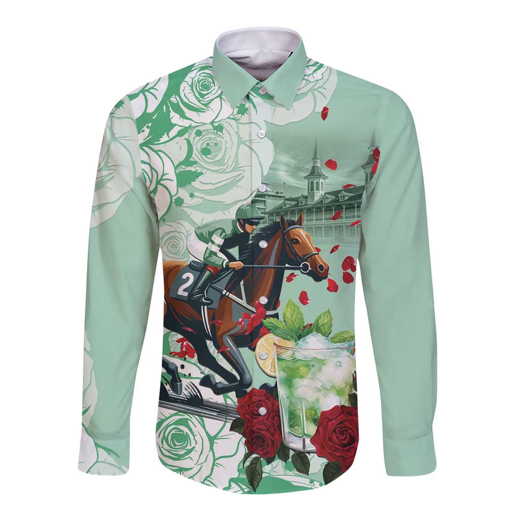 Kentucky Horse Racing Long Sleeve Button Shirt Churchill Downs Derby Mint Julep Cocktail
