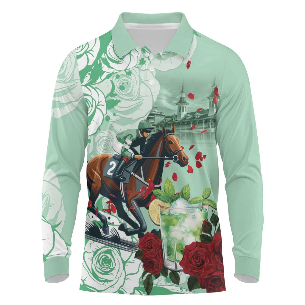 Kentucky Horse Racing Long Sleeve Polo Shirt Churchill Downs Derby Mint Julep Cocktail