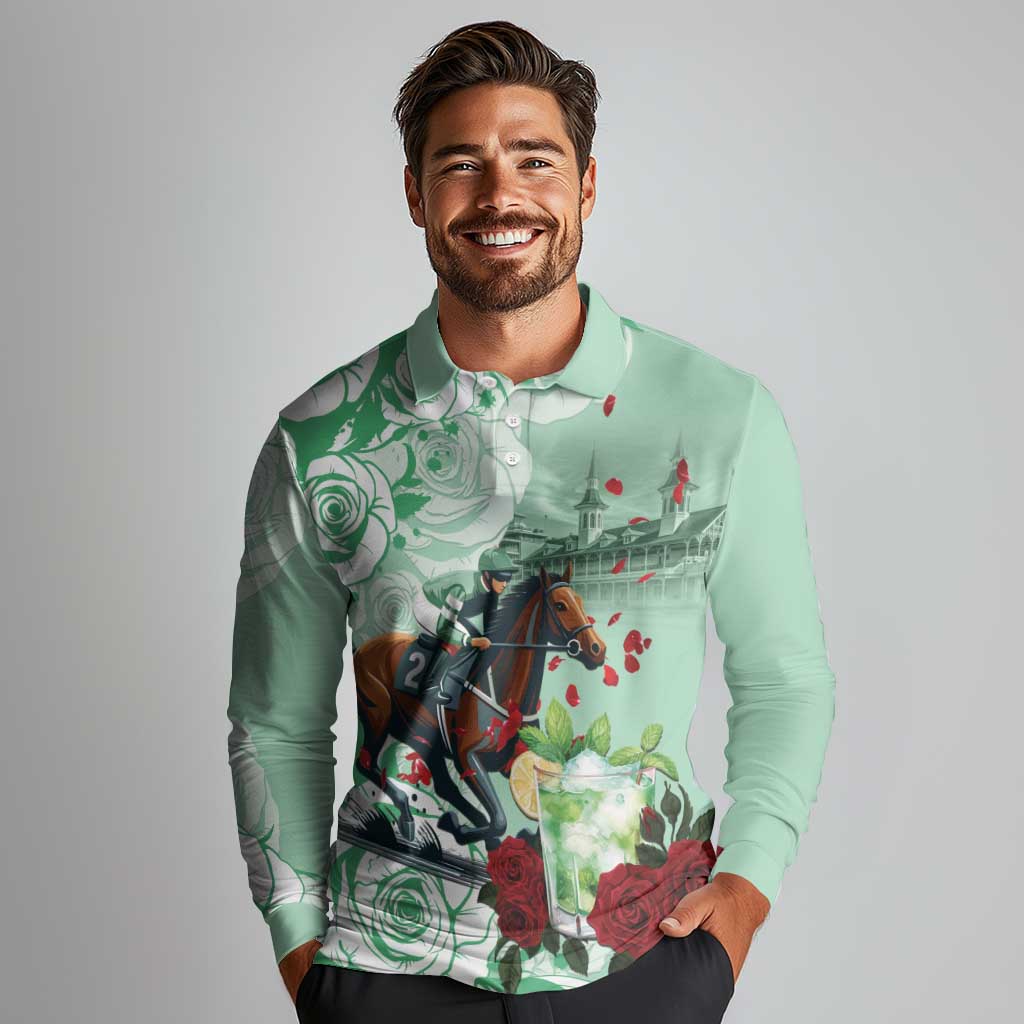 Kentucky Horse Racing Long Sleeve Polo Shirt Churchill Downs Derby Mint Julep Cocktail