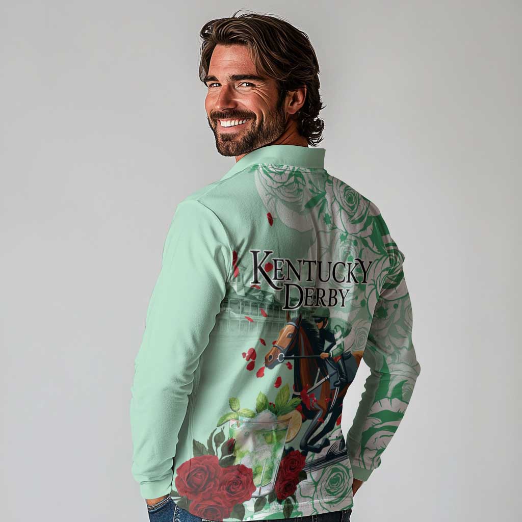 Kentucky Horse Racing Long Sleeve Polo Shirt Churchill Downs Derby Mint Julep Cocktail
