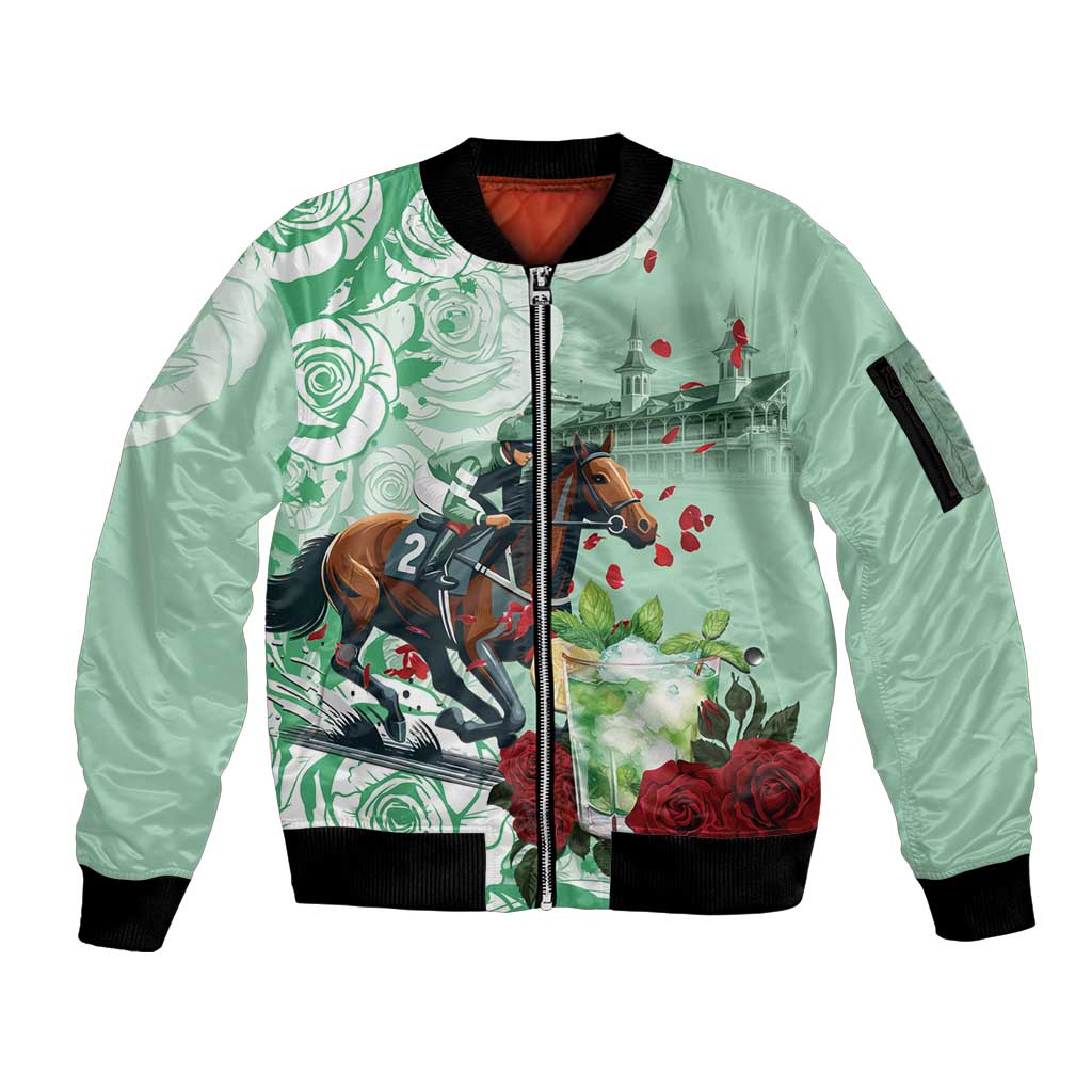 Kentucky Horse Racing Sleeve Zip Bomber Jacket Churchill Downs Derby Mint Julep Cocktail