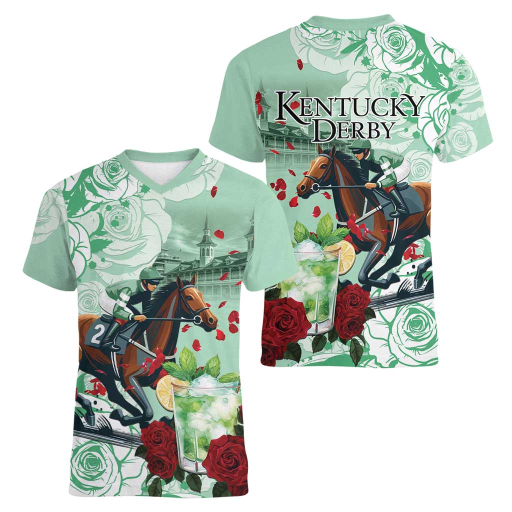 Kentucky Horse Racing Women V-Neck T-Shirt Churchill Downs Derby Mint Julep Cocktail