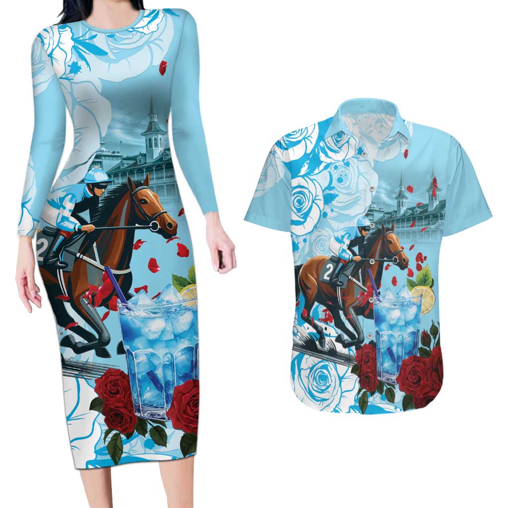 Kentucky Horse Racing Couples Matching Long Sleeve Bodycon Dress and Hawaiian Shirt Churchill Downs Derby Blueberry Mint Julep Cocktail