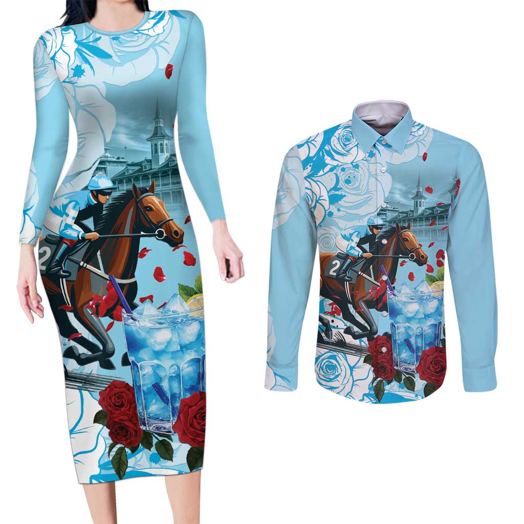 Kentucky Horse Racing Couples Matching Long Sleeve Bodycon Dress and Long Sleeve Button Shirt Churchill Downs Derby Blueberry Mint Julep Cocktail