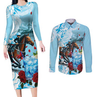 Kentucky Horse Racing Couples Matching Long Sleeve Bodycon Dress and Long Sleeve Button Shirt Churchill Downs Derby Blueberry Mint Julep Cocktail