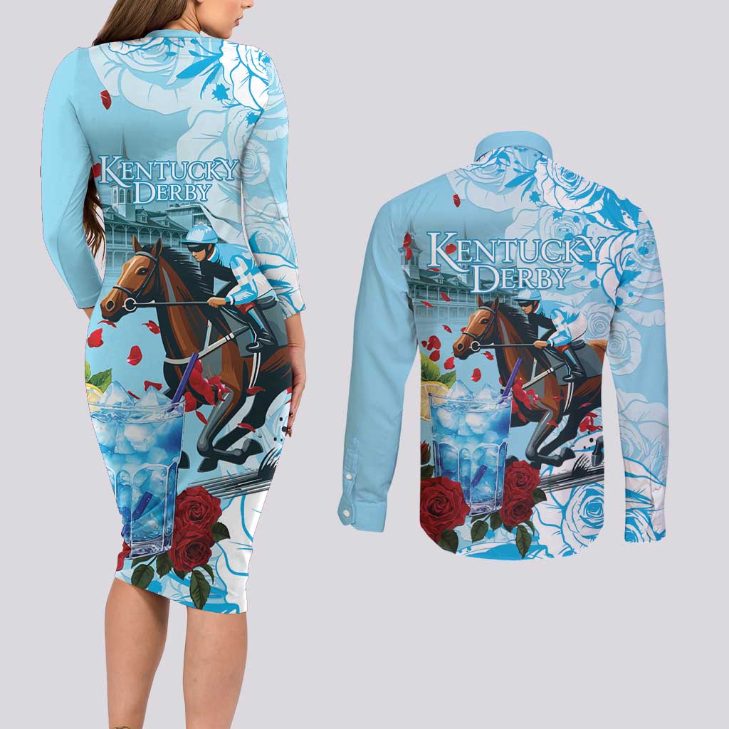 Kentucky Horse Racing Couples Matching Long Sleeve Bodycon Dress and Long Sleeve Button Shirt Churchill Downs Derby Blueberry Mint Julep Cocktail