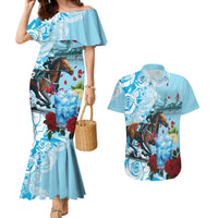 Kentucky Horse Racing Couples Matching Mermaid Dress and Hawaiian Shirt Churchill Downs Derby Blueberry Mint Julep Cocktail