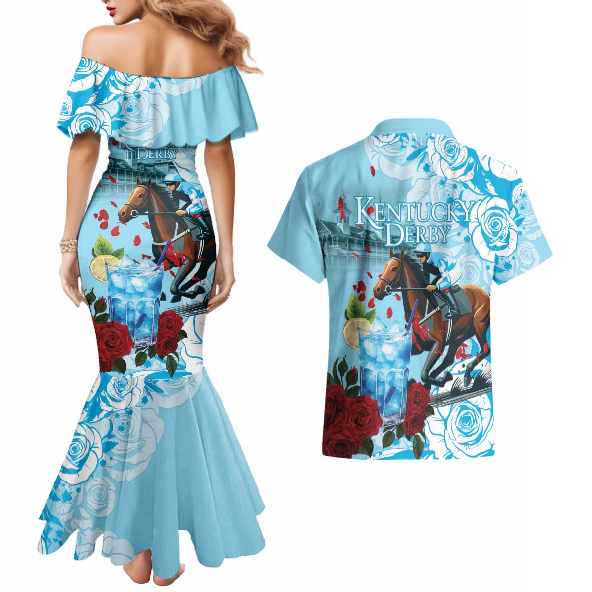 Kentucky Horse Racing Couples Matching Mermaid Dress and Hawaiian Shirt Churchill Downs Derby Blueberry Mint Julep Cocktail
