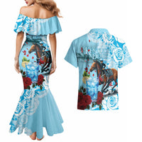 Kentucky Horse Racing Couples Matching Mermaid Dress and Hawaiian Shirt Churchill Downs Derby Blueberry Mint Julep Cocktail