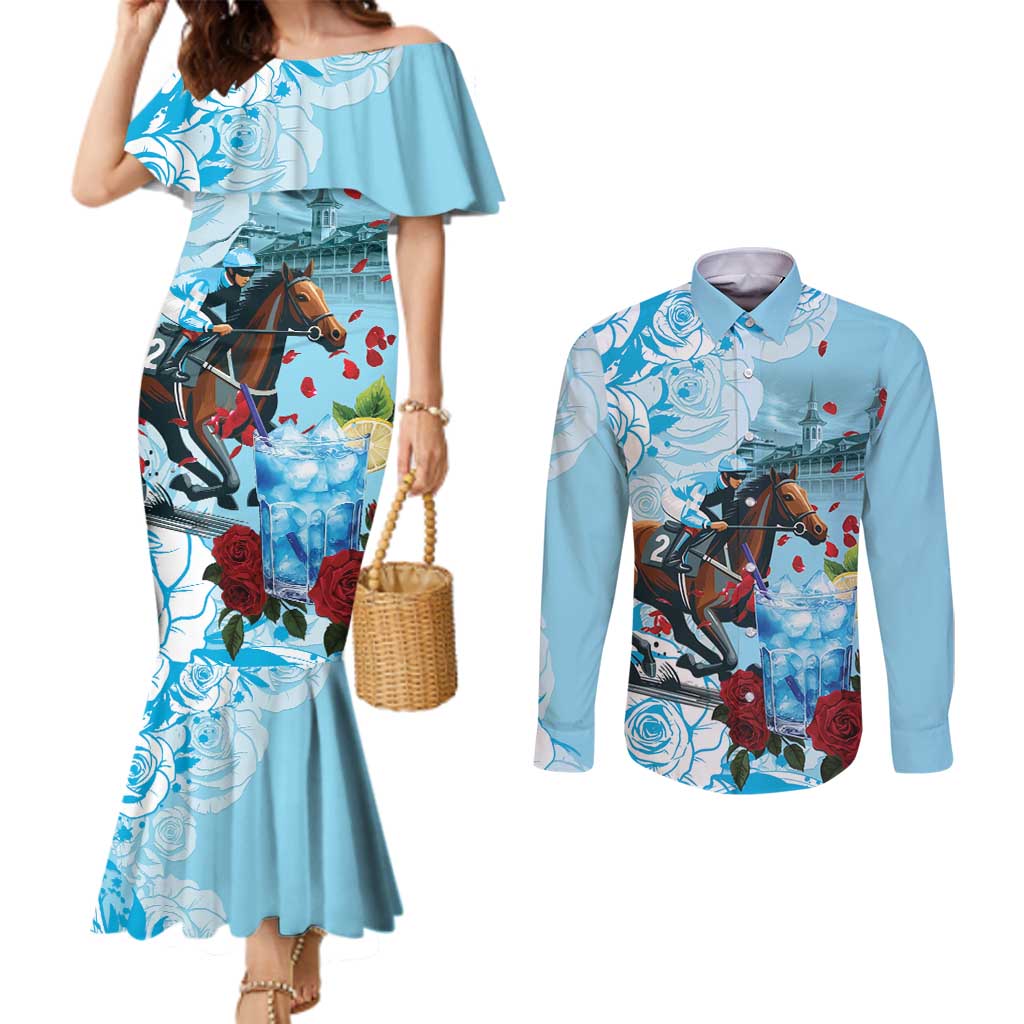 Kentucky Horse Racing Couples Matching Mermaid Dress and Long Sleeve Button Shirt Churchill Downs Derby Blueberry Mint Julep Cocktail