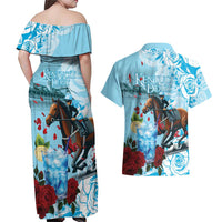 Kentucky Horse Racing Couples Matching Off Shoulder Maxi Dress and Hawaiian Shirt Churchill Downs Derby Blueberry Mint Julep Cocktail